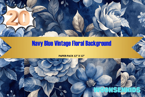 Download 20 Navy Blue Vintage Floral Background Watercolor Png Kdp Digital Paper - Digital paper Collection