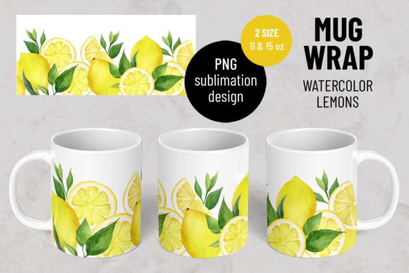 Download Watercolor Lemons. Sublimation Mug Wrap. - Lemons Collection