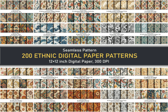 Download 200 Ethnic Digital Paper Patterns – JPG - Digital paper Collection
