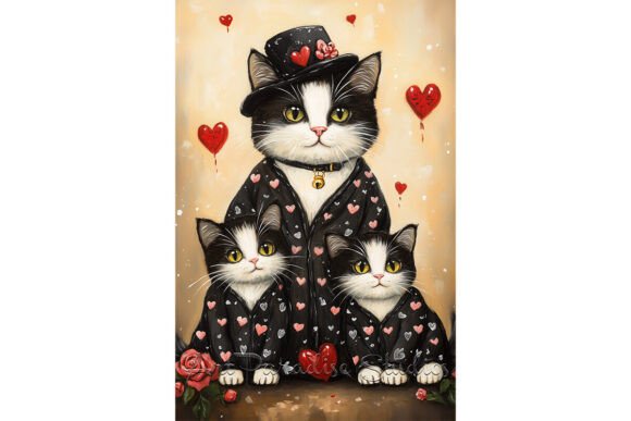 Download Cat Family in Black with Hearts &amp; Roses - Black Collection